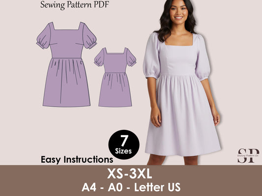Square Neck Cottage core Dress, Bishop Sleeve, Gathered Skirt XS–3XL, Sewing Pattern