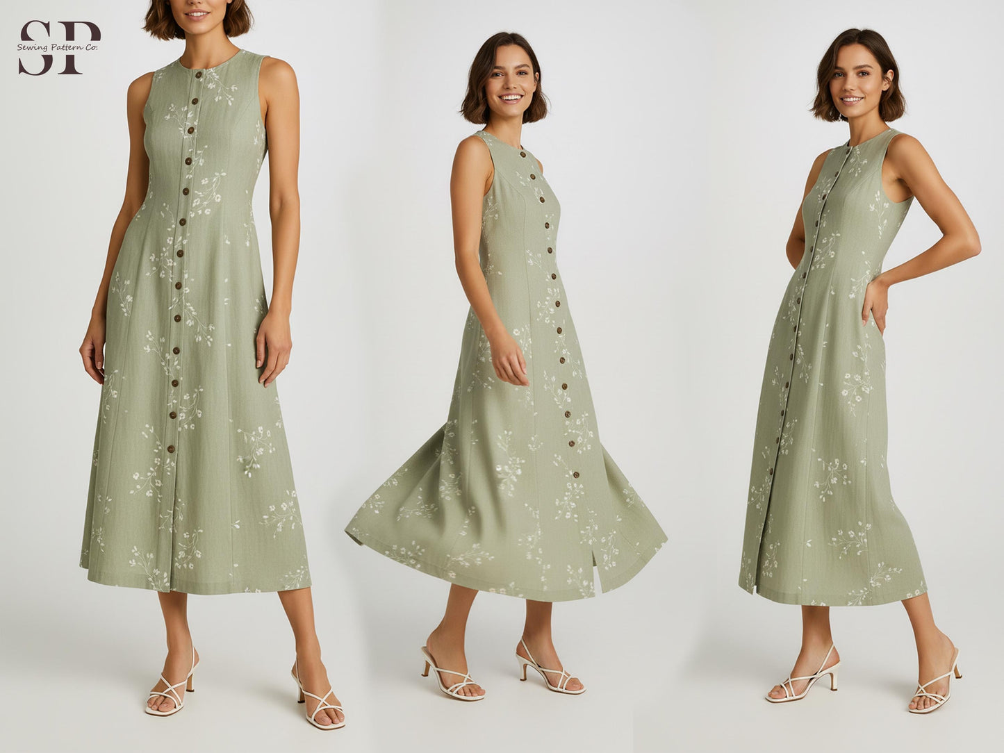Linen Button Front Dress Sewing Pattern PDF, Sleeveless A-Line Long Dress Pattern, Summer Dress DIY Sewing XS-3XL