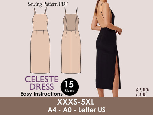 CELESTE Dress - Orchid dress| backless dress pattern | midi dress | Women sleeveless | Square neckline| one piece slit | pdf sewing pattern
