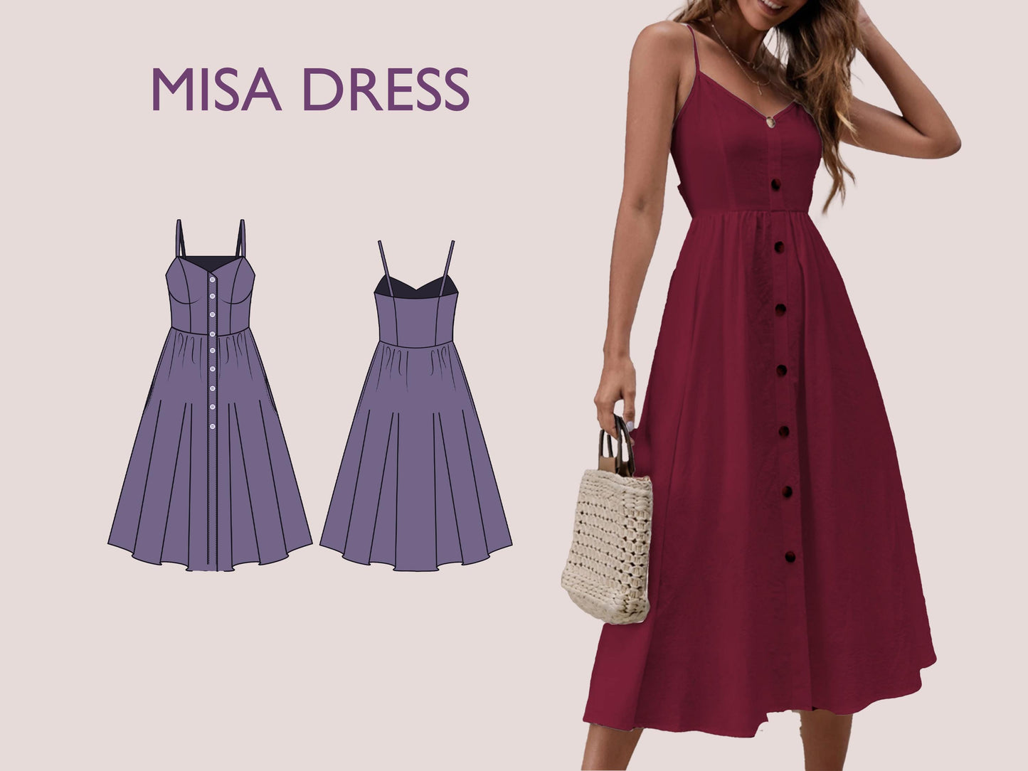 MISA Dress Sewing Pattern PDF – Bustier Midi Dress – Button Down Summer Dress – Spaghetti Strap Dress – Digital Download – Sizes XXXS-5XL