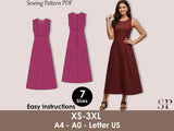 Sleeveless Midi Dress Sewing Pattern PDF, A-Line Summer Sundress XS-3XL, High Waist with Pockets
