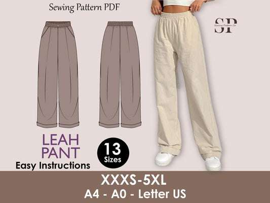 LEAH Pant PDF Sewing Pattern | Palazzo Pants | Elastic Waist | Wide Leg Pants | Digital Pattern | 13 Sizes XXXS–5XL| women sewing pattern