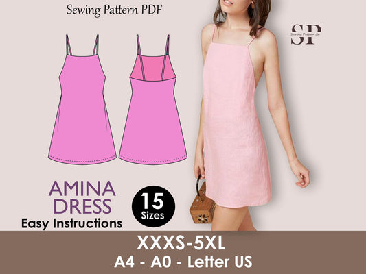 AMINA Dress - backless dress | Minimalist dress | Women dress pattern| one piece | square neckline dress| Sleeveless | sewing pattern pdf