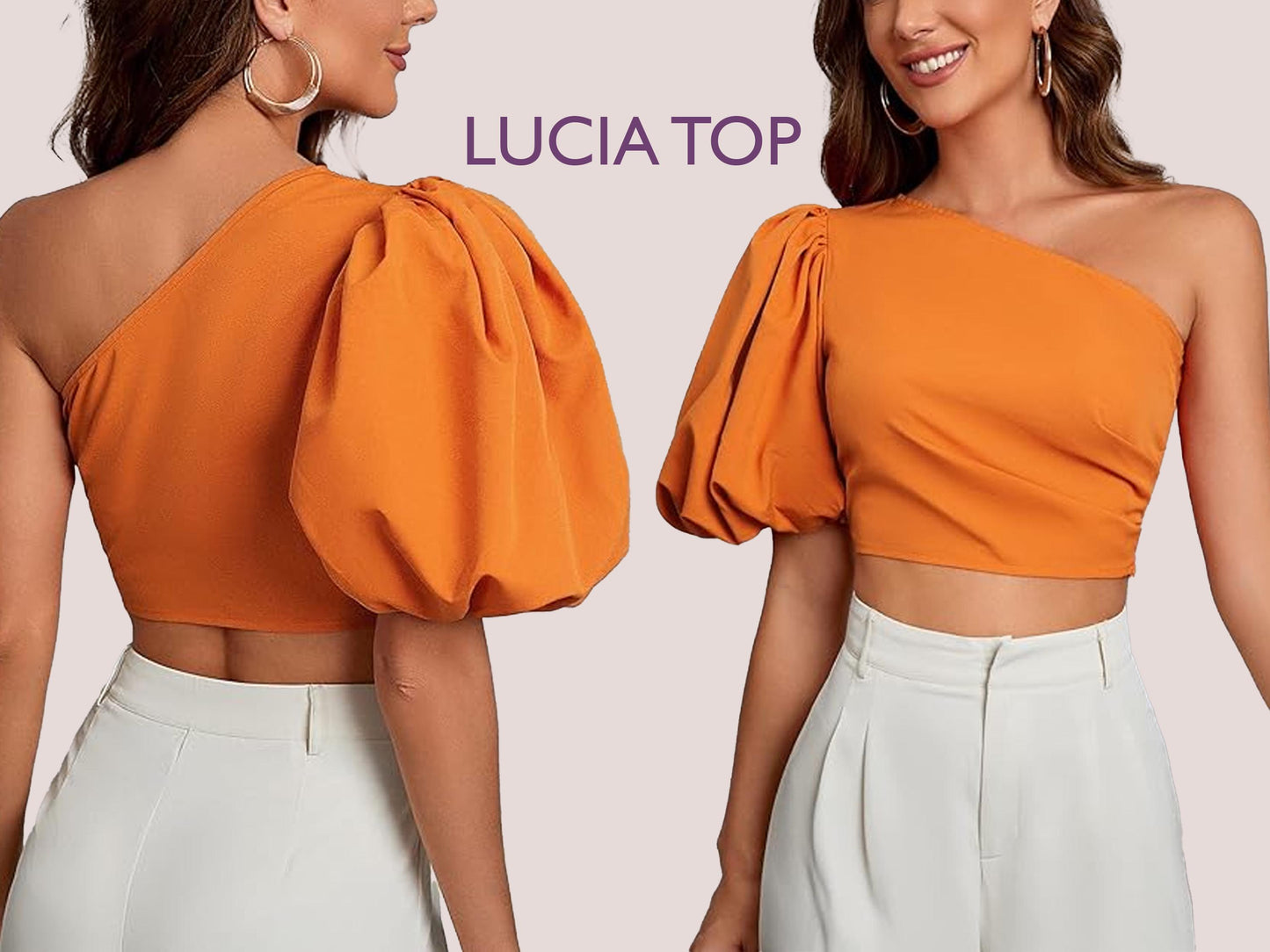 LUCIA Top - One shoulder puffy sleeve top  | Top sewing pattern | Asymetrical summer top , short top, women Top digital sewing Pattern PDF