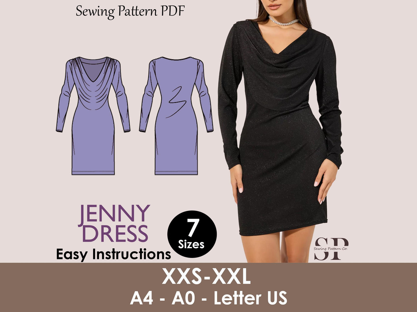 JENNY Dress - cowl neckline dress| Long Sleeve dress| Women dress pattern| Short dress| one piece dress | Birthday dress| Girl baby Top