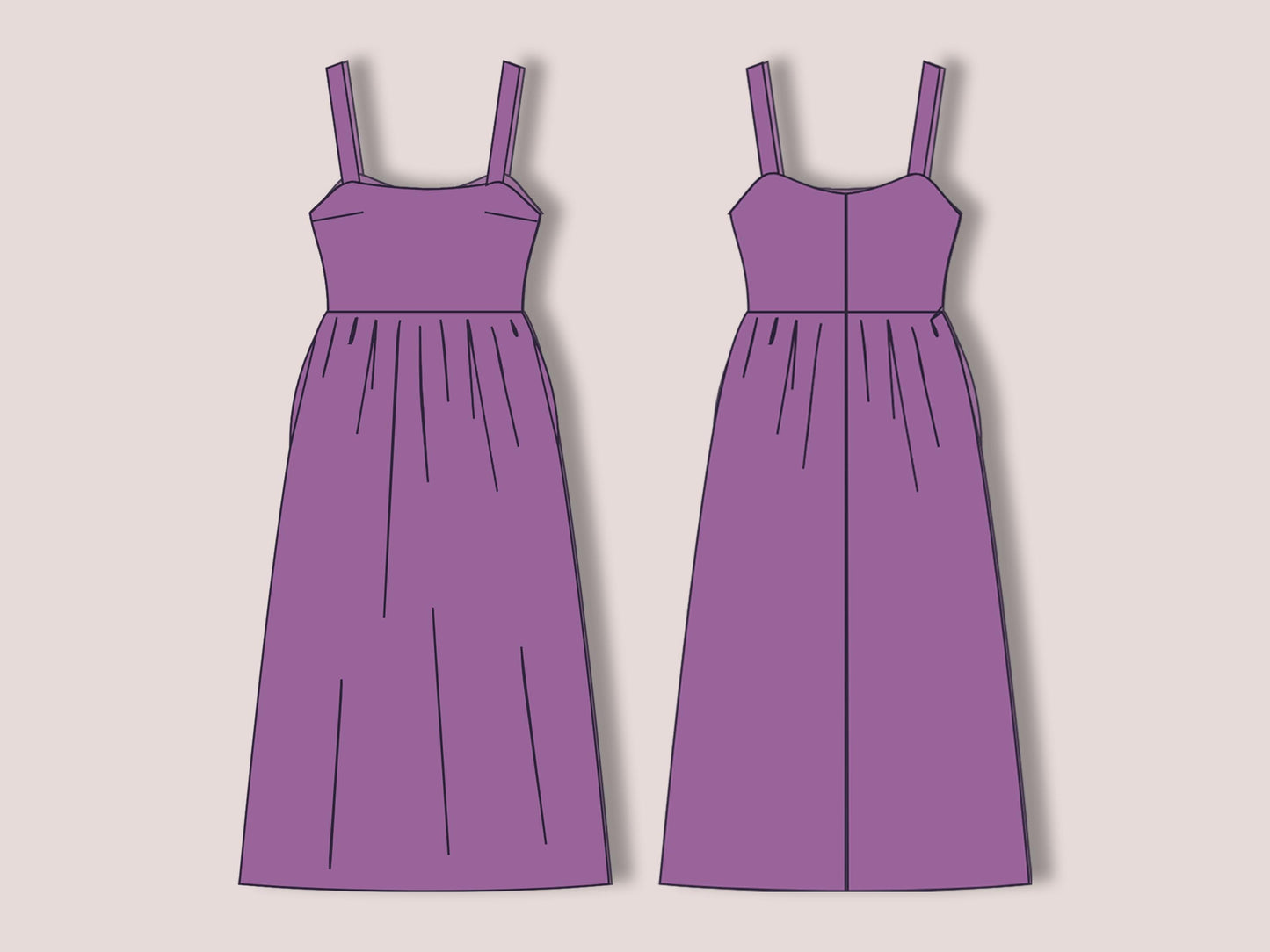 Midi Dress Sewing Pattern PDF | Square Neck with Pockets | Summer Gathered Skirt | Beginner Friendly Straps Dress