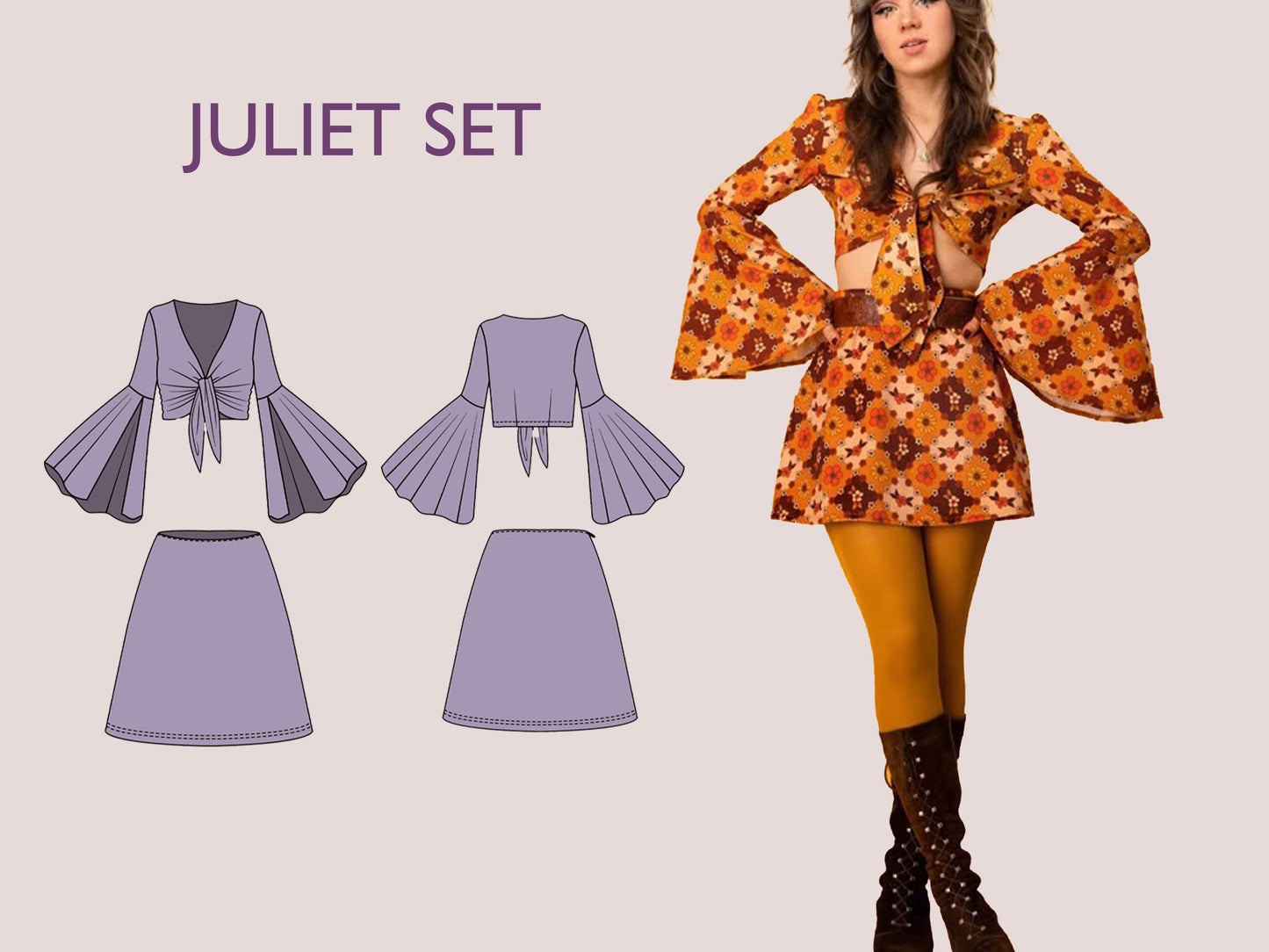 JULIET Set - 1970s Inspired Dress | boho set | Tie-front crop top deep neckline | Bell sleeve top, Short skirt dress| sewing Pattern PDF