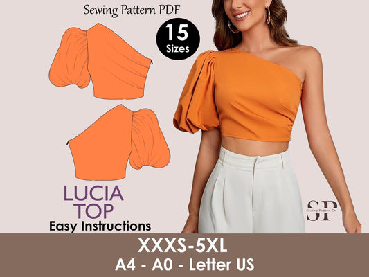LUCIA Top - One shoulder puffy sleeve top  | Top sewing pattern | Asymetrical summer top , short top, women Top digital sewing Pattern PDF