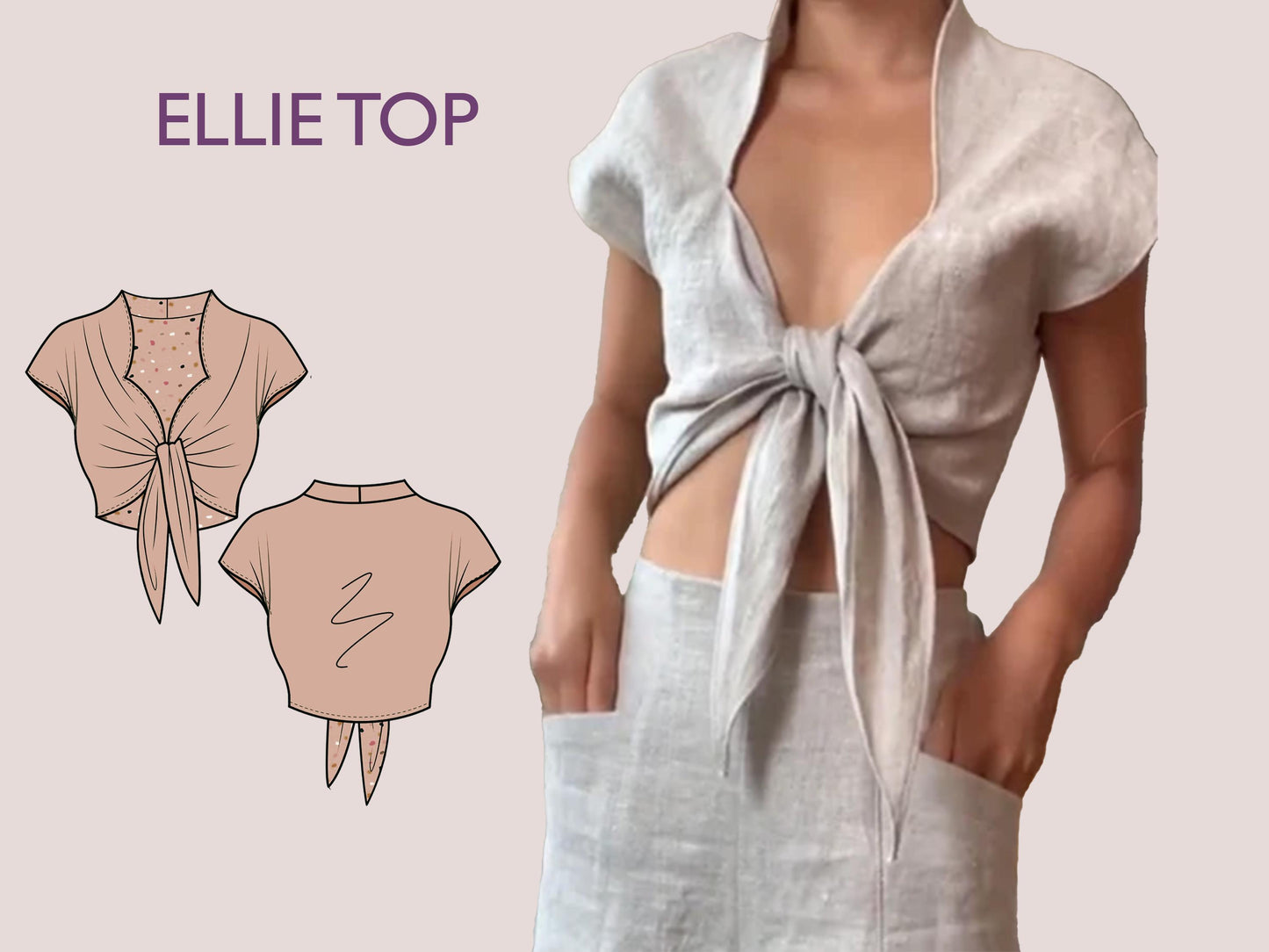 ELLIE Top - Tie Knot Front Crop Top | Bow crop top  | Tie easy Women TOP dress pattern| women digital sewing Pattern PDF summer