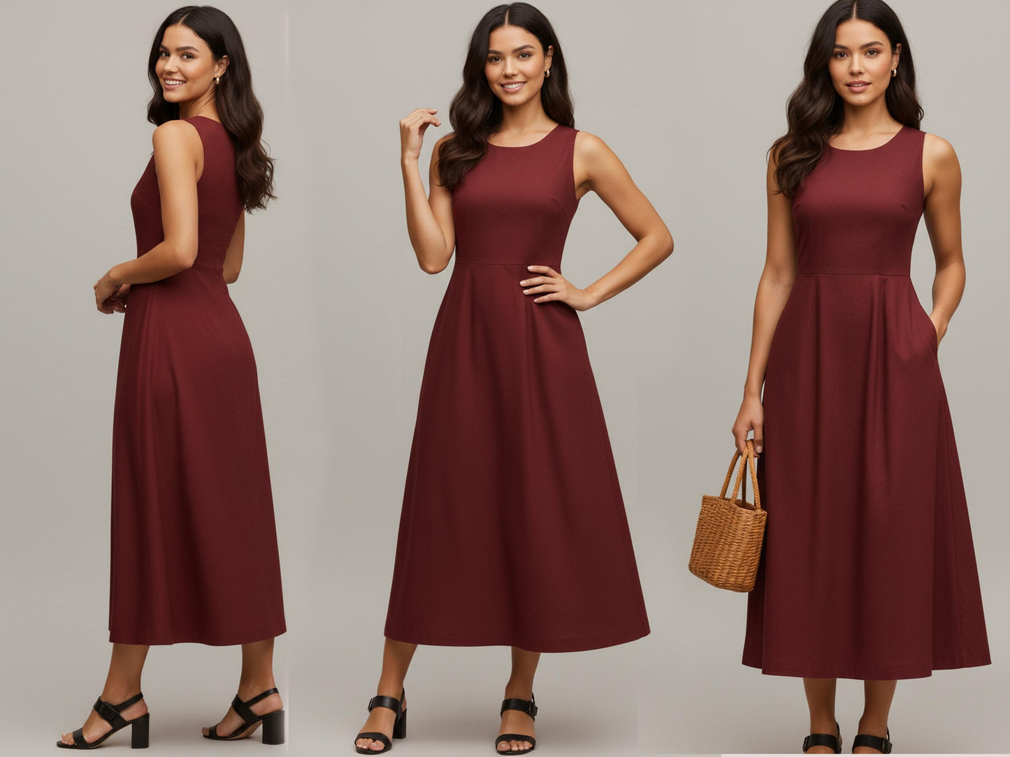 Sleeveless Midi Dress Sewing Pattern PDF, A-Line Summer Sundress XS-3XL, High Waist with Pockets