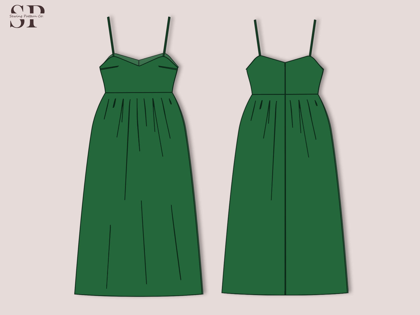 Sweetheart Linen Dress Sewing Pattern PDF – Gathered Midi with Straps, Spaghetti Strap, XS–3XL